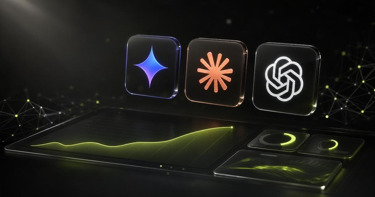 3D coaching dashboard with a lime-green growth curve and floating Gemini, Claude and OpenAI Codex logo tiles, illustrating AI for online fitness coaches in 2026