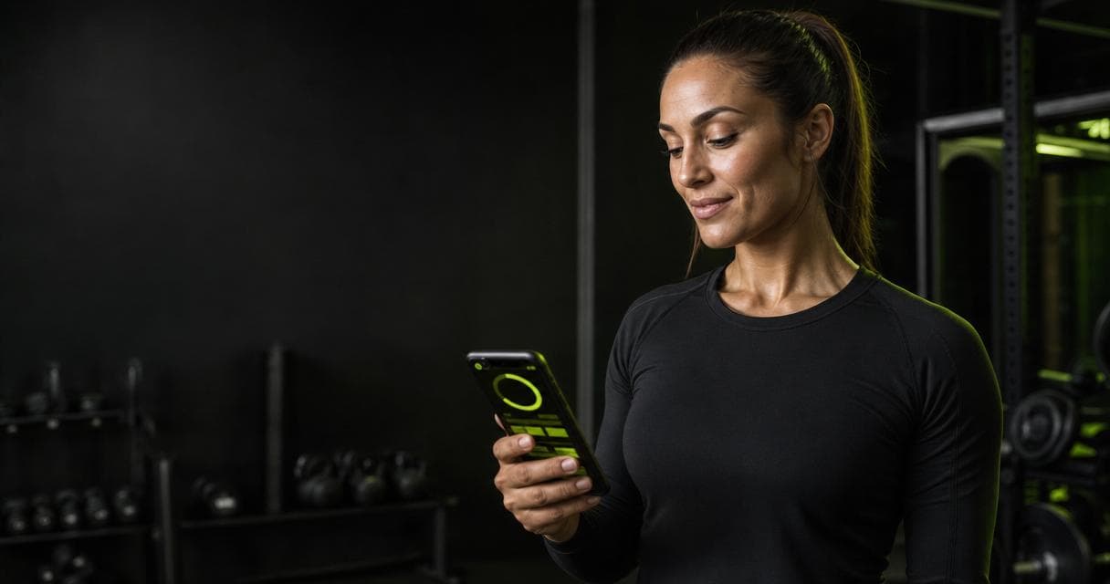Branded coaching app shown on a phone with a lime-green progress ring and check-in cards on a stealth-black background