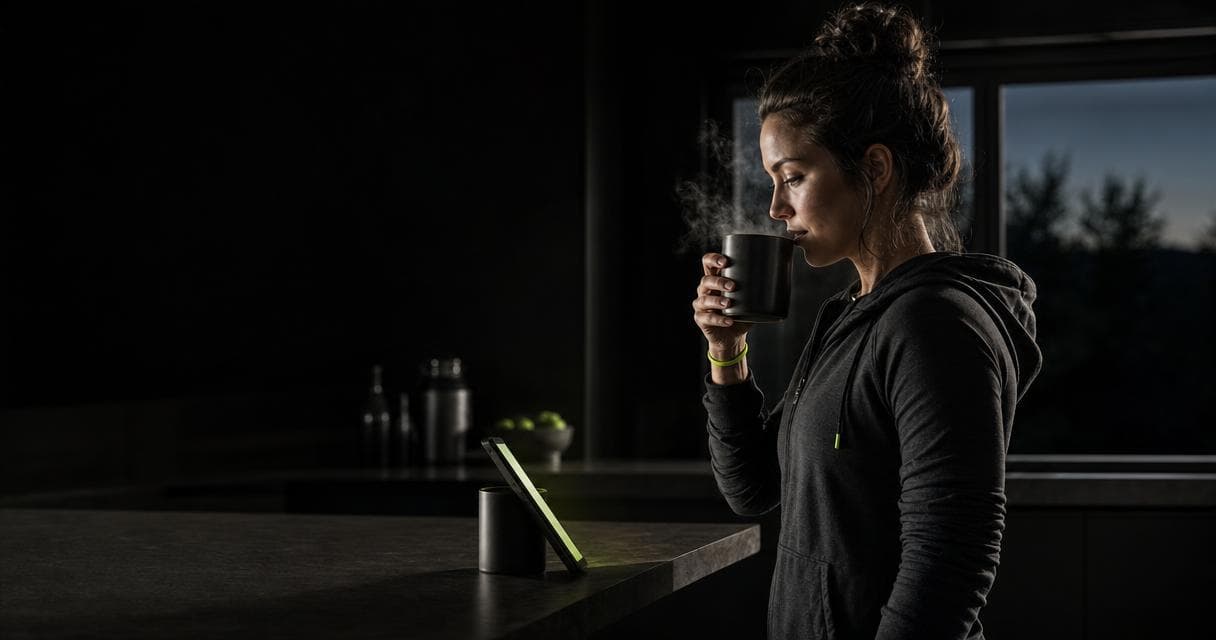 Online fitness coach reviewing client check-in questions on a phone propped at a dark kitchen counter at dawn, coffee in hand
