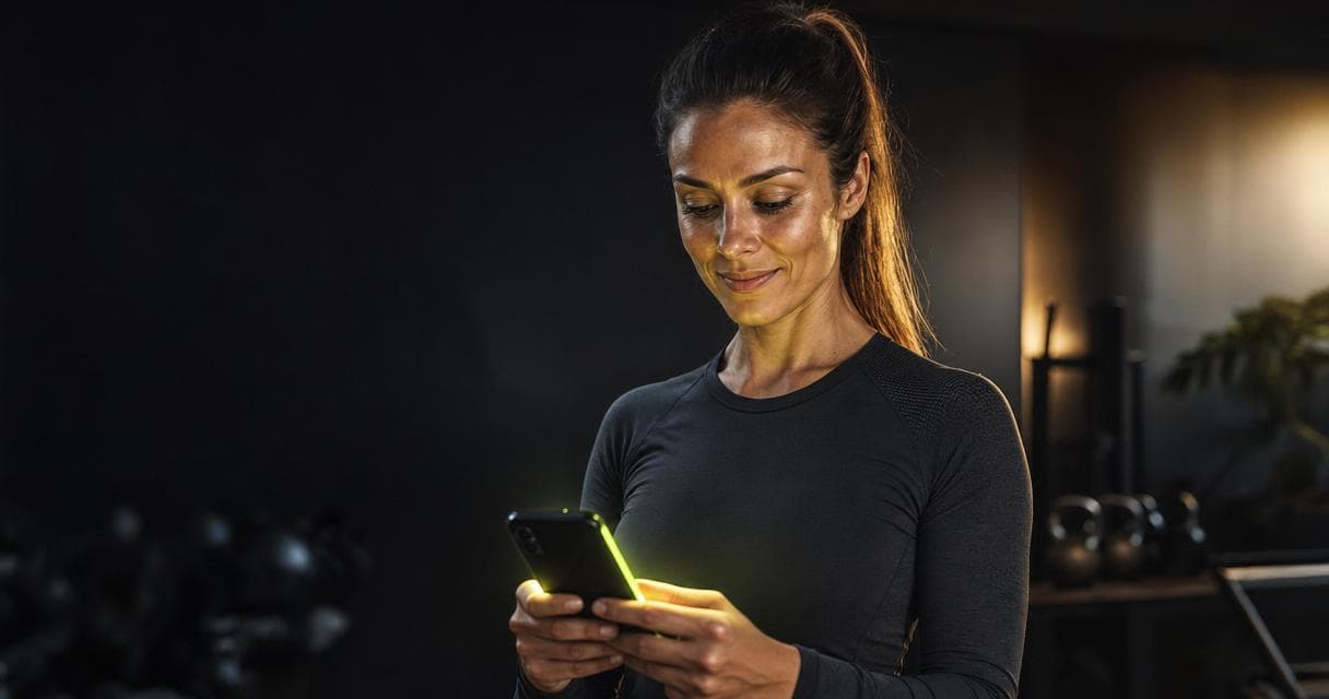 Online fitness coach reviewing a client's progress on a branded coaching app, illustrating how to get online coaching clients.