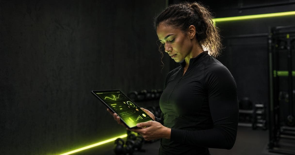 A focused female fitness coach in dark training apparel reviewing a client's progress on a tablet, the screen glowing with a lime-green coaching app interface, in a moody premium studio environment — illustrating engaged, attentive coaching for client retention