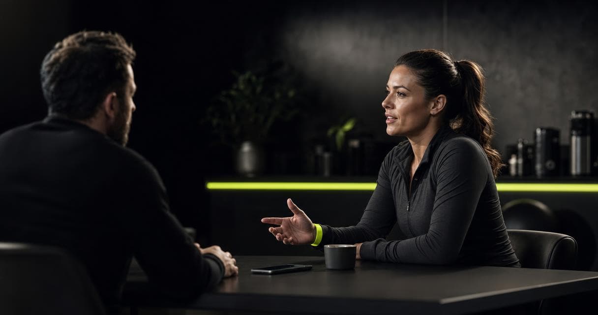 Fitness coach talking with a client over coffee in a dark studio while planning how to scale an online fitness coaching business