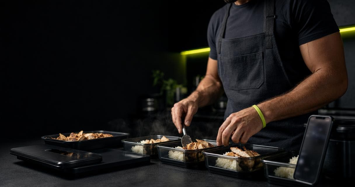 Fitness coach portioning chicken and rice into meal-prep containers beside a food scale while setting macros for clients in a dark kitchen studio