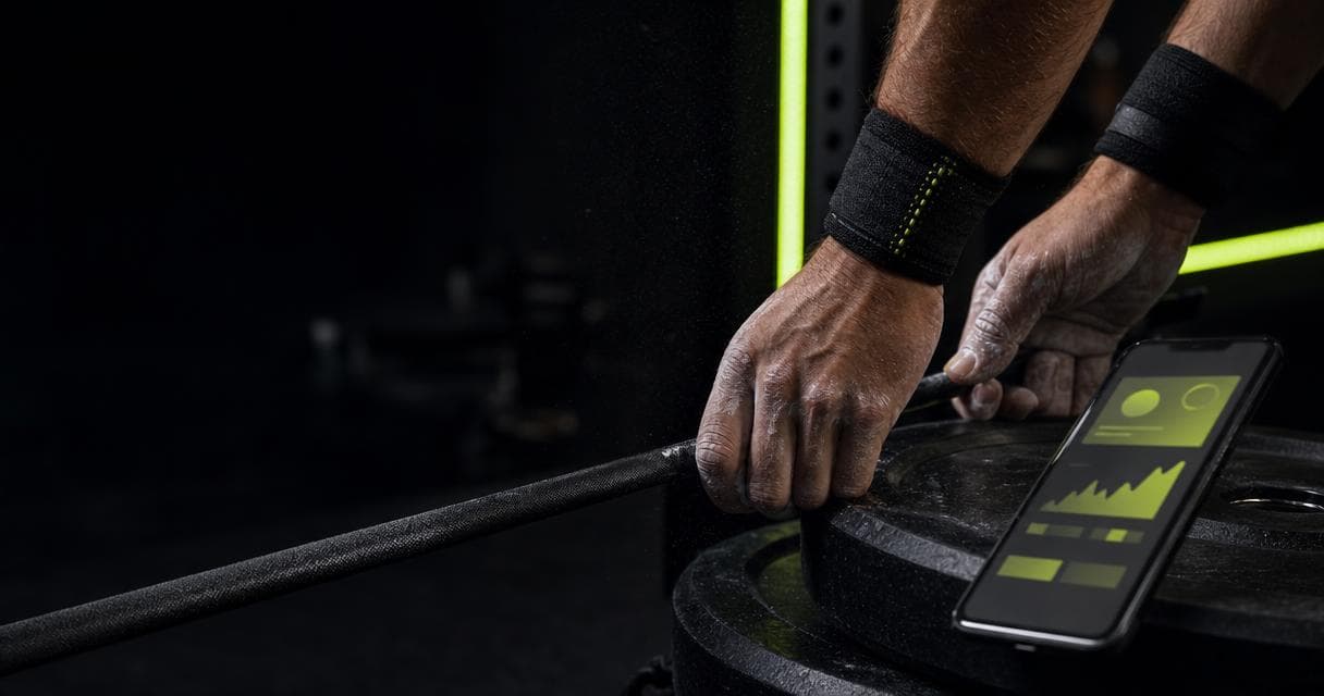 Chalked hands of a strength coach on a barbell with a phone showing a workout program for an online client glowing lime green