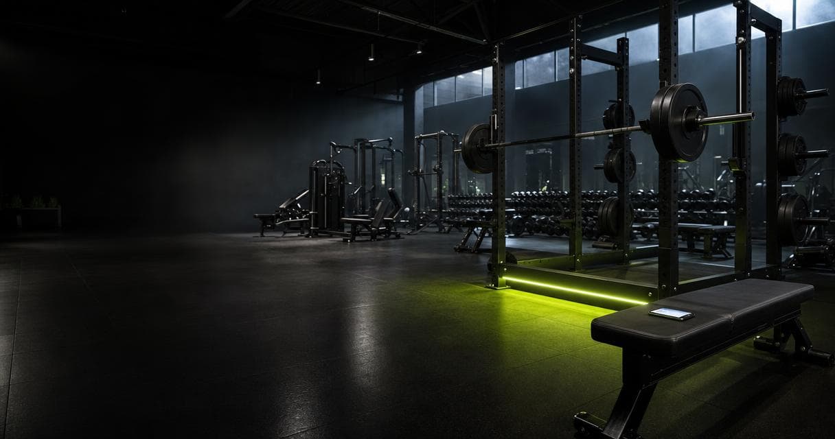 Wide photoreal shot of an empty premium gym at night with a bright lime-green LED strip along a squat rack and a small lit phone on a bench, representing the hybrid fitness coaching model