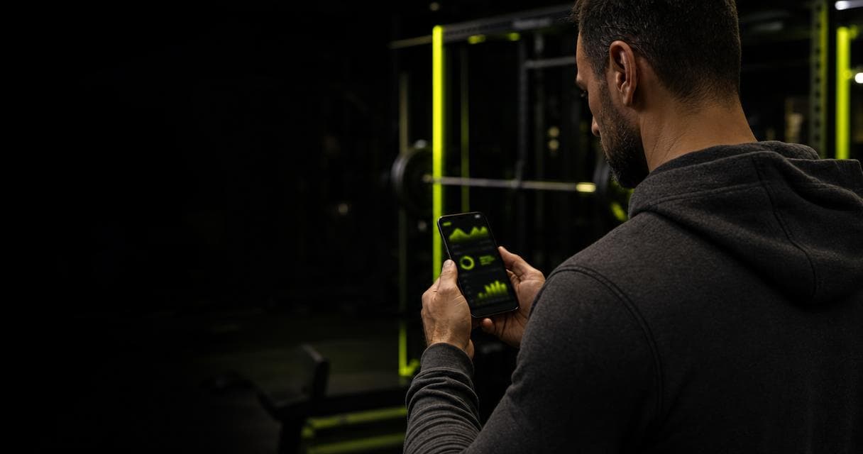 Fitness coach in a dark gym reviewing a white label fitness app on his phone with lime green interface glow