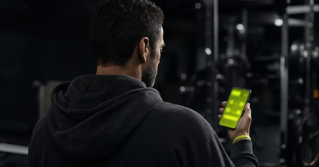 Over-the-shoulder view of a coach in a dark gym checking a lime-green coaching app on his phone, illustrating the best Coach Catalyst alternatives in 2026
