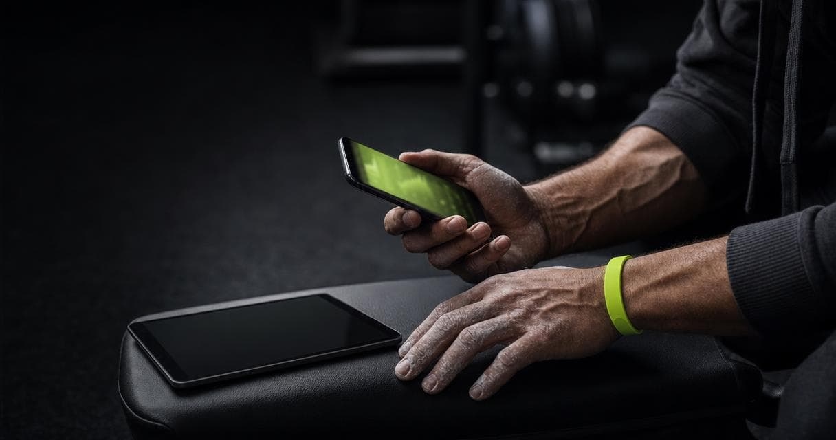 Close-up of a personal trainer's chalked hands comparing coaching apps on a phone and tablet in a dark gym, illustrating the best My PT Hub alternatives in 2026