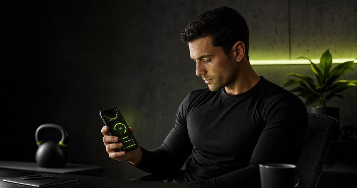 Online fitness coach reviewing a client check-in on a phone with a glowing coaching app