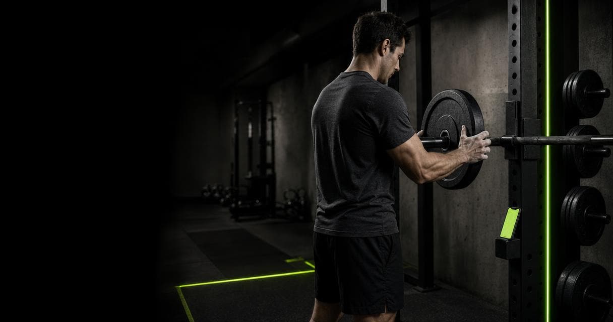 Online coach loading a barbell in a dark gym with a phone propped on the rack, illustrating client onboarding for online coaches