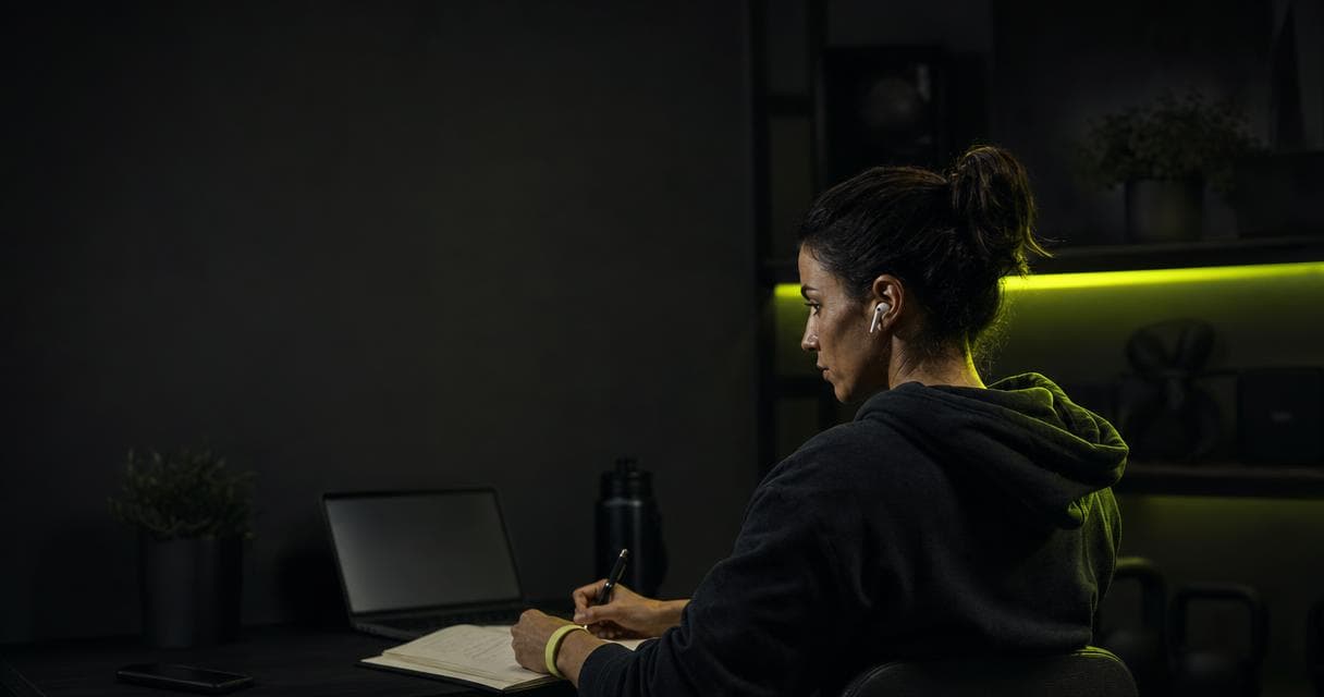 Online coach starting her coaching business, planning in a notebook at a dark home studio desk with a lime-green LED accent