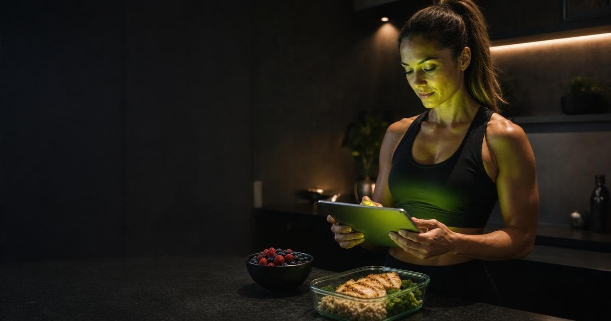 Personal trainer reviewing a client's nutrition coaching plan on a tablet in a dark studio kitchen