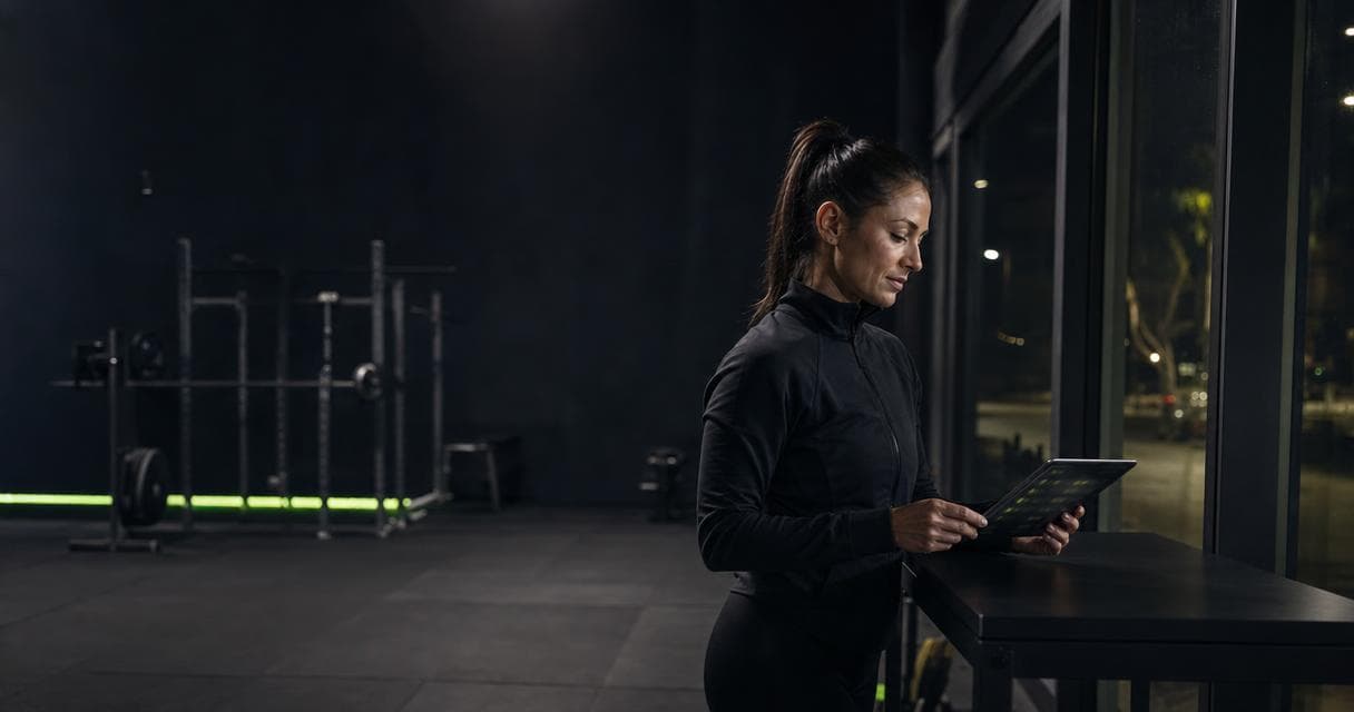 Fitness coach reviewing her client roster on a tablet in a dark studio, illustrating how to choose an online coaching platform